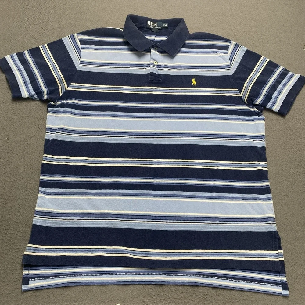 Polo Ralph Lauren Polo Shirt Mens 2XL Blue Stripe 100% Cotton Pony Logo
